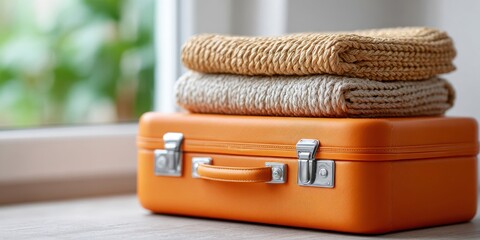 Luggage packed and ready for a summer getaway on a suitcase stand
