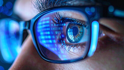 Digital Insight: A close-up of a person wearing glasses, with data code reflected on the lenses, indicating technology and digital concept 