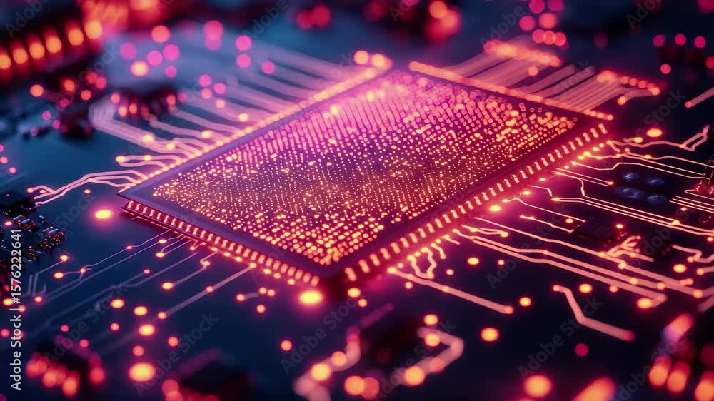 Poster close-up view of an illuminated microchip on a circuit board showcasing advanced technology and intr