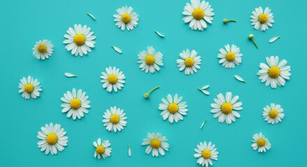 Daisy Flowers Scattered on Blue Background Floral Pattern