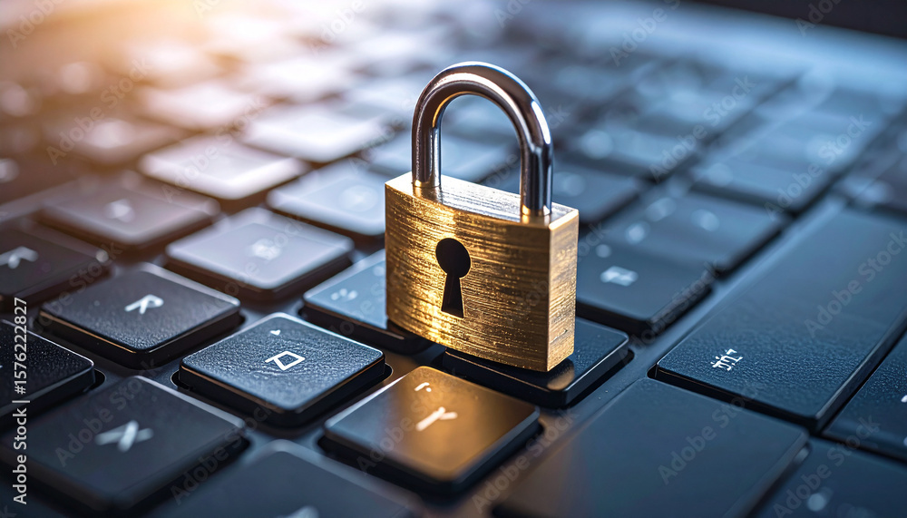 Poster data fortress: an image of a closed padlock resting atop a sleek keyboard, symbolizing cybersecurity
