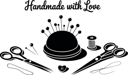 Handmade with love calligraphy with sewing tools and accessories