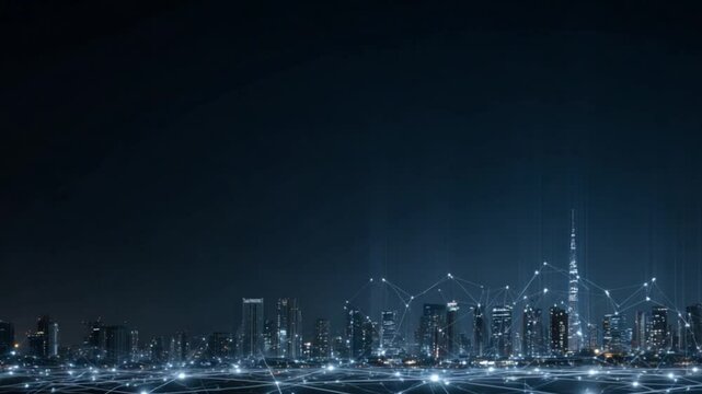 Illuminated cityscape at night, connected by digital network