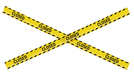Closed warning tape with yellow and black stripes. Yellow CLOSED caution tape crossed in X shape for area restriction and safety warning