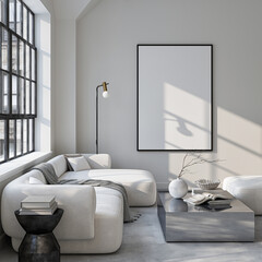 Frame mockup, ISO A paper size. Living room wall poster mockup. Interior mockup with house background. Modern interior design. 3D render
