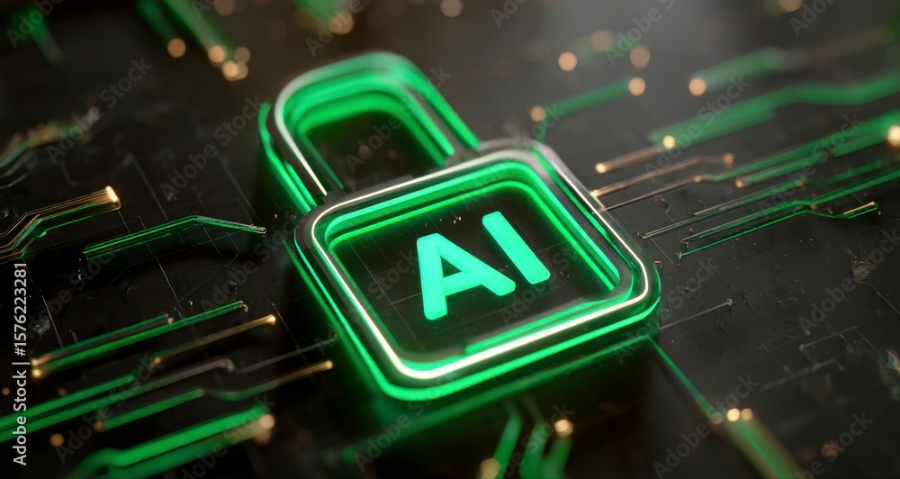 Poster a green lock with the letters ai on it. the lock is surrounded by a circuit board. the lock is glowi