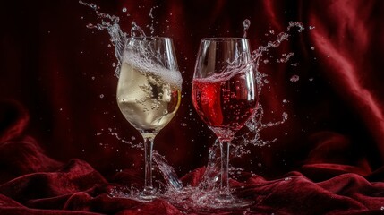 Two wine glasses clinking, splashing white and rosé wine against a dark red background.