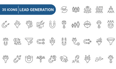 Lead Generation Web Icons Set in Line or outline Style related to Lead Generation. Includes marketing funnel, and business sales process. Linear icons collection. Editable strokes. Vector illustration