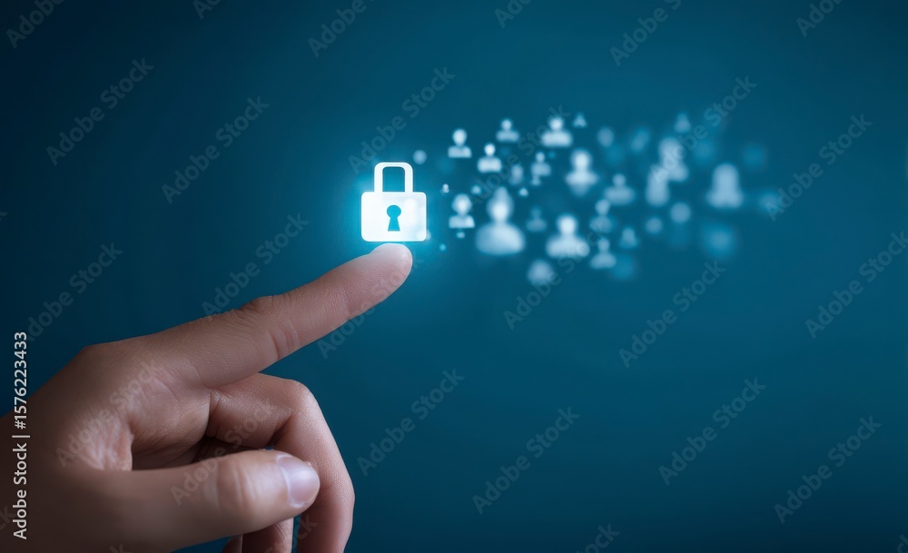 Poster a hand is pointing to a blue screen with a lock symbol on it. the lock symbol is surrounded by a gro