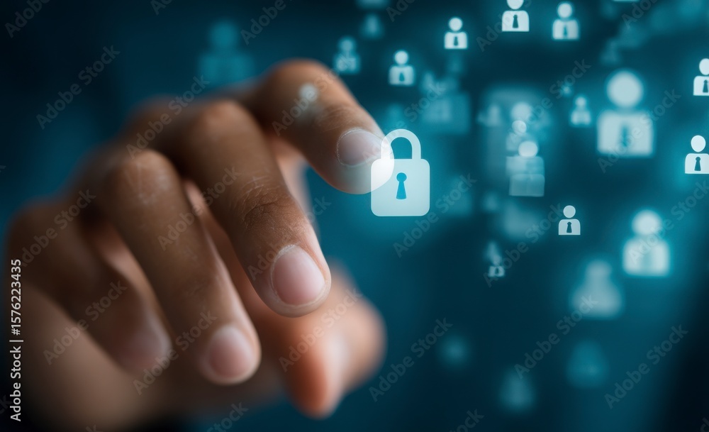 Poster a hand is pointing to a blue screen with a lock on it. the lock is surrounded by a group of people