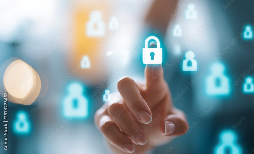 Poster a person is pressing a button that is surrounded by a group of people. concept of security and prote