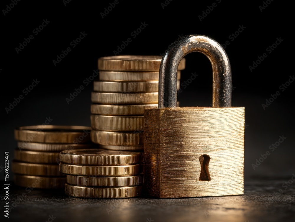Poster a gold coin with a keyhole sits on top of a pile of coins. the coins are stacked on top of each othe