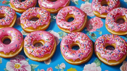Delicious pink donuts with sprinkles on a floral background.