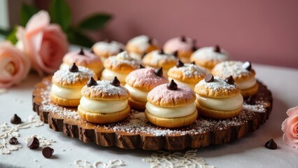 Delightful Mini Cream Cakes on Rustic Wooden Platter with Delicate Rose Accents