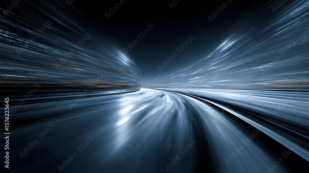 Poster dynamic abstract background with light streaks conveying speed and motion in cool blue tones.