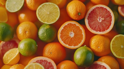 Assortment of colored citrus fruits: tangerine, grapefruit, lime and orange. Top view. Citrus fruits.