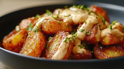 Patatas bravas, spanish deep fried potatoes with spicy sauce and garlic aioli