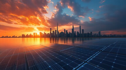 Sunset cityscape reflected on solar panels.