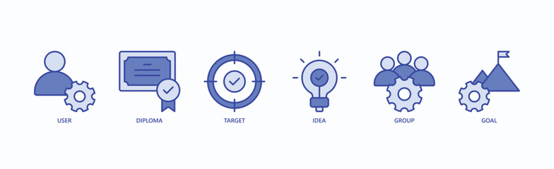 Personal Development Icon Set Isolated Vector Illustration Concept With Icon Of User, Diploma, Target, Idea, Group, Goal In Blue Style