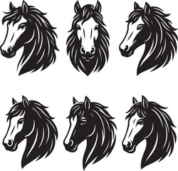 Set of Stylish Black and White Horse Head Silhouette Illustrations