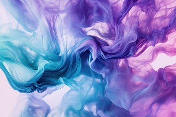 Mesmerizing abstract background featuring swirling smoke-like textures in vivid shades of turquoise and purple. Fluid, artistic design. For digital artwork, branding, and creative projects