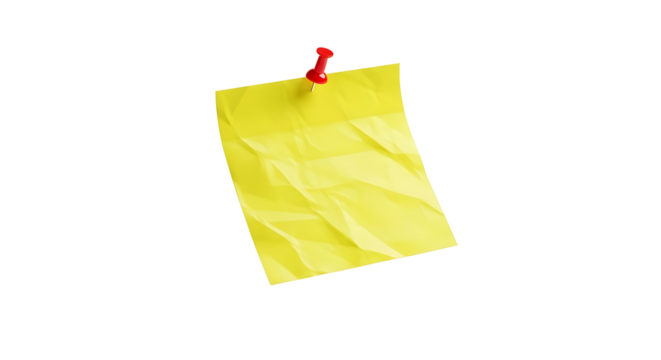 Crumpled yellow sticky note with red pushpin