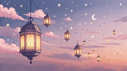 Obraz premium Dreamy Lanterns: Enchanting lanterns gently sway against a breathtaking backdrop of a starlit night sky. The scene is designed to evoke feelings of wonder, serenity, and enchantment.