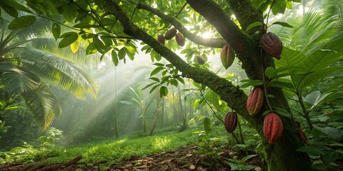 Lush Cocoa Tree Sunlight Through Tropical Rainforest Canopy, Jungle ,Cacao