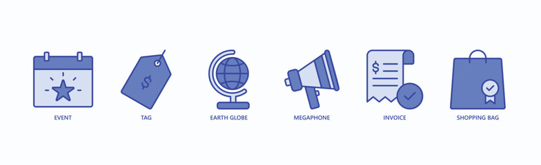 Event Marketing Icon Set Isolated Vector Illustration Concept With Icon Of Event, Tag, Earth Globe, Megaphone, Invoice, Shopping Bag In Blue Style