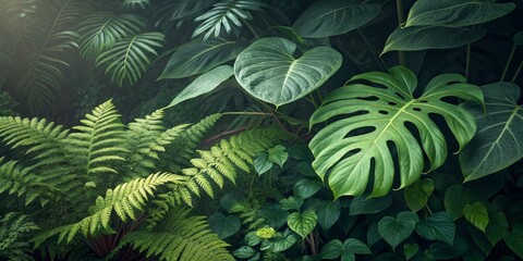 Lush Greenery Ferns and Monstera Leaves in a Tropical Forest ,tropical, foliage