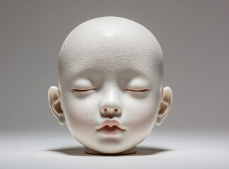 Surreal: White porcelain baby head floating in minimalist space