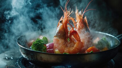 Chef cooking with Tiger prawn and vegetables in a metal pan. On a dark background.