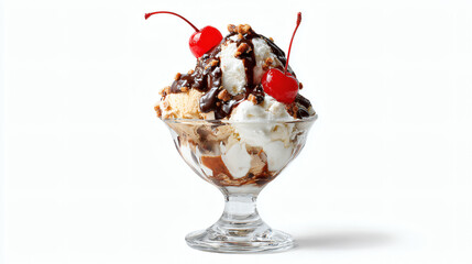 Indulge in a delightful ice cream sundae with cherries and chocolate sauce.