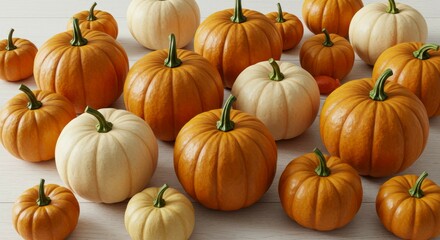 Arrangement of Orange and White Pumpkins on Wooden Surface