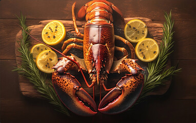 Luxury restaurant menu: Award-winning top view red lobster on wood with lemon herbs, dark brown studio copy space