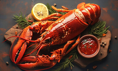 Organic seafood packaging: Red lobster ingredients with herbs on rustic wood, dark background text area