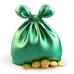 Luxurious emerald green silk pouch with golden coins.