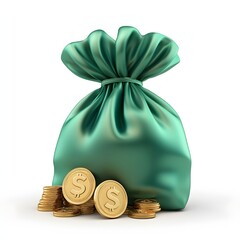 Teal silk money bag filled with golden coins.