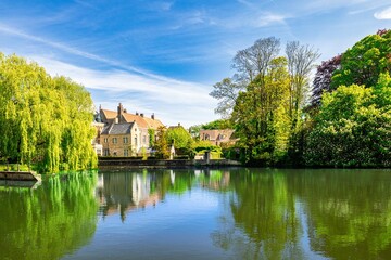 Charming Bruges landscape with historic buildings and greenery.