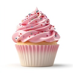 Pink cupcake with colorful sprinkles.
