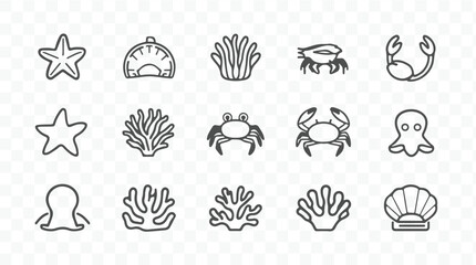 Collection of marine life icons including starfish crabs octopuses coral and shells in a simple line art silhouette style