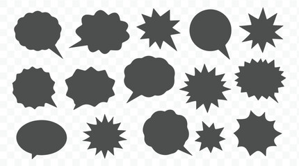 Collection of diverse dark gray speech bubble shapes and starbursts in a clean silhouette style