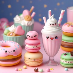 Kawaii Dessert Set with Macarons, Donuts, and Milkshakes with Smile Faces