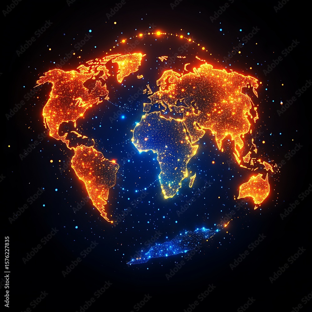 Poster global illuminated map. a stylized representation of the earth, highlighting continents with glowing