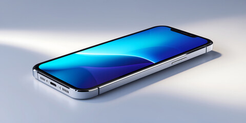 Sleek silver smartphone displaying vibrant blue abstract wallpaper image