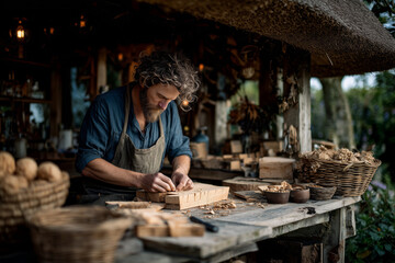 Carving intricate designs in a tranquil garden studio during golden hour