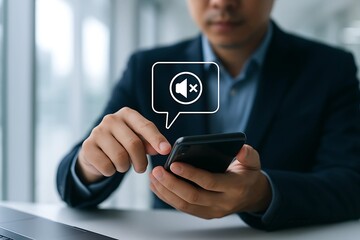 Silent Mode Notification Icon on Smartphone in Business Workplace with Laptop – Mute Sound Concept