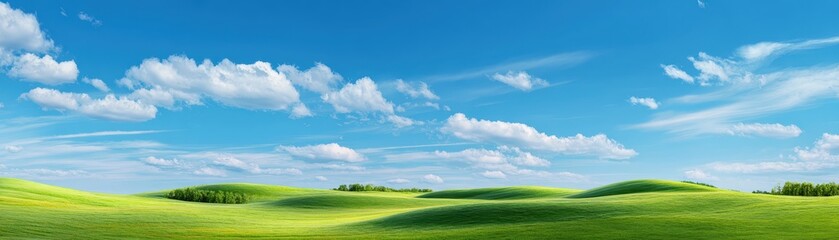 Fototapeta premium Green hills and meadow under blue sky with soft white clouds