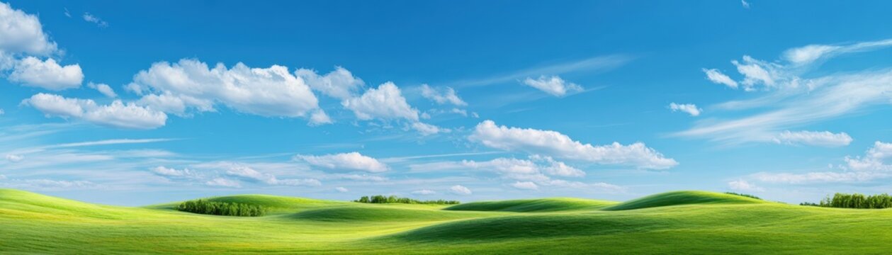 Green hills and meadow under blue sky with soft white clouds