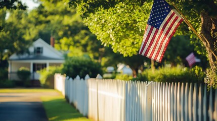 An ideal summer scene with an American flag fluttered in the wind attached to a tree. In the foreground, a white picket fence along a well -groomed lawn